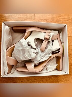 Vince Camuto Blush Pink Block Heel Sandals with Ankle Buckle